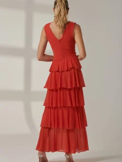 Plain Tiered Mesh Maxi Dress, Dark Orange