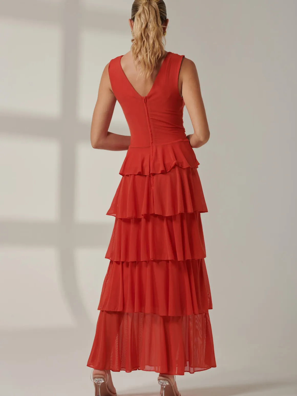Plain Tiered Mesh Maxi Dress, Dark Orange
