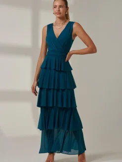 Plain Tiered Mesh Maxi Dress, Petrol Blue