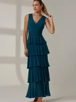Plain Tiered Mesh Maxi Dress, Petrol Blue
