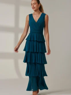 Plain Tiered Mesh Maxi Dress, Petrol Blue