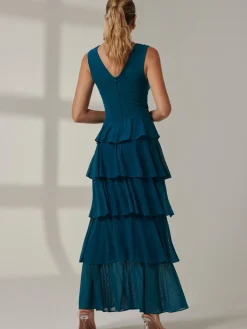 Plain Tiered Mesh Maxi Dress, Petrol Blue
