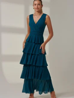 Plain Tiered Mesh Maxi Dress, Petrol Blue
