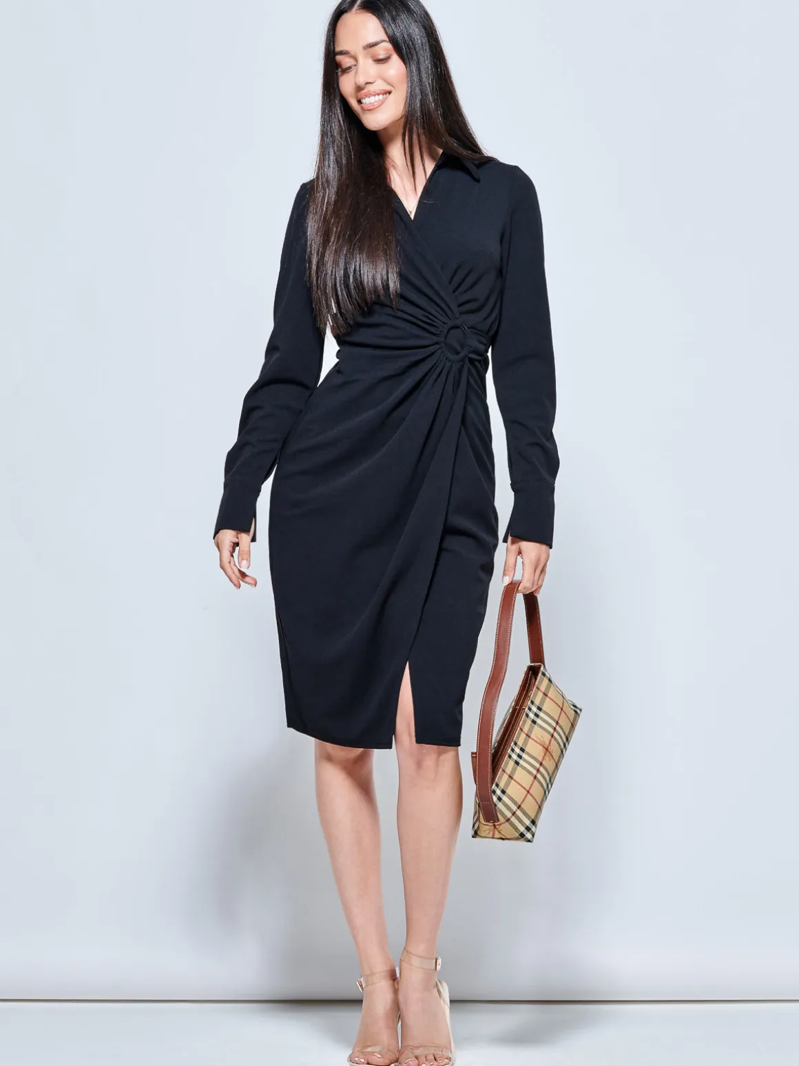 Plain Wrap Front Buckle Shirt Dress, Black