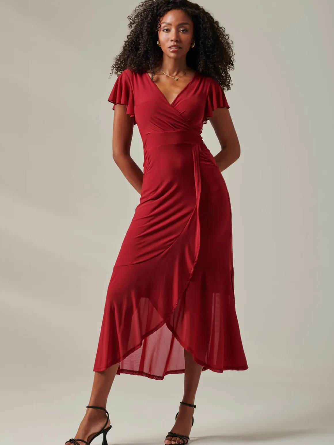 Plain Wrap Mesh Maxi Dress, Burgundy