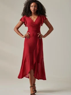 Plain Wrap Mesh Maxi Dress, Burgundy