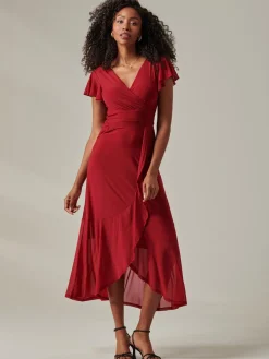 Plain Wrap Mesh Maxi Dress, Burgundy