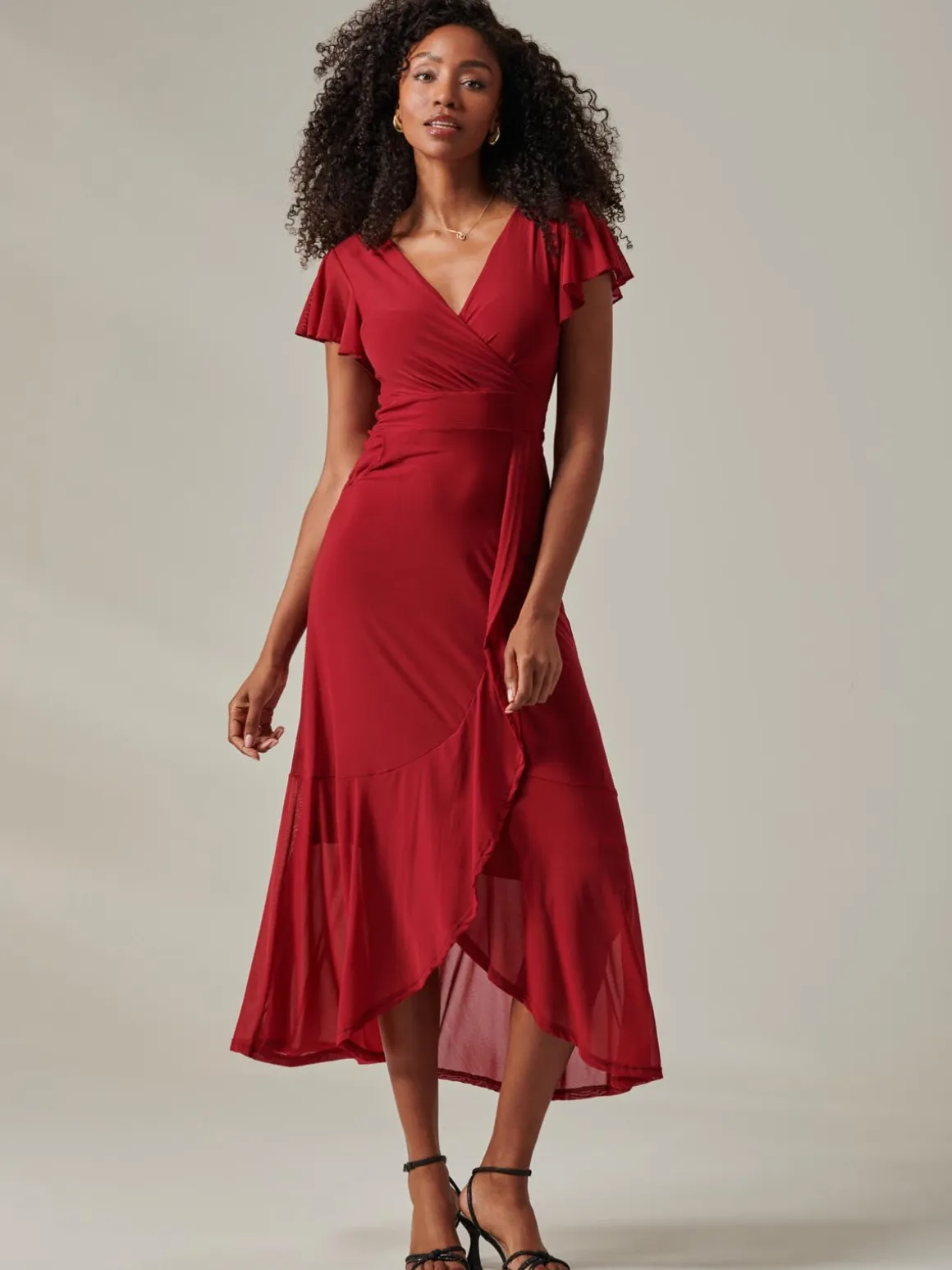 Plain Wrap Mesh Maxi Dress, Burgundy