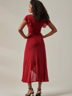 Plain Wrap Mesh Maxi Dress, Burgundy