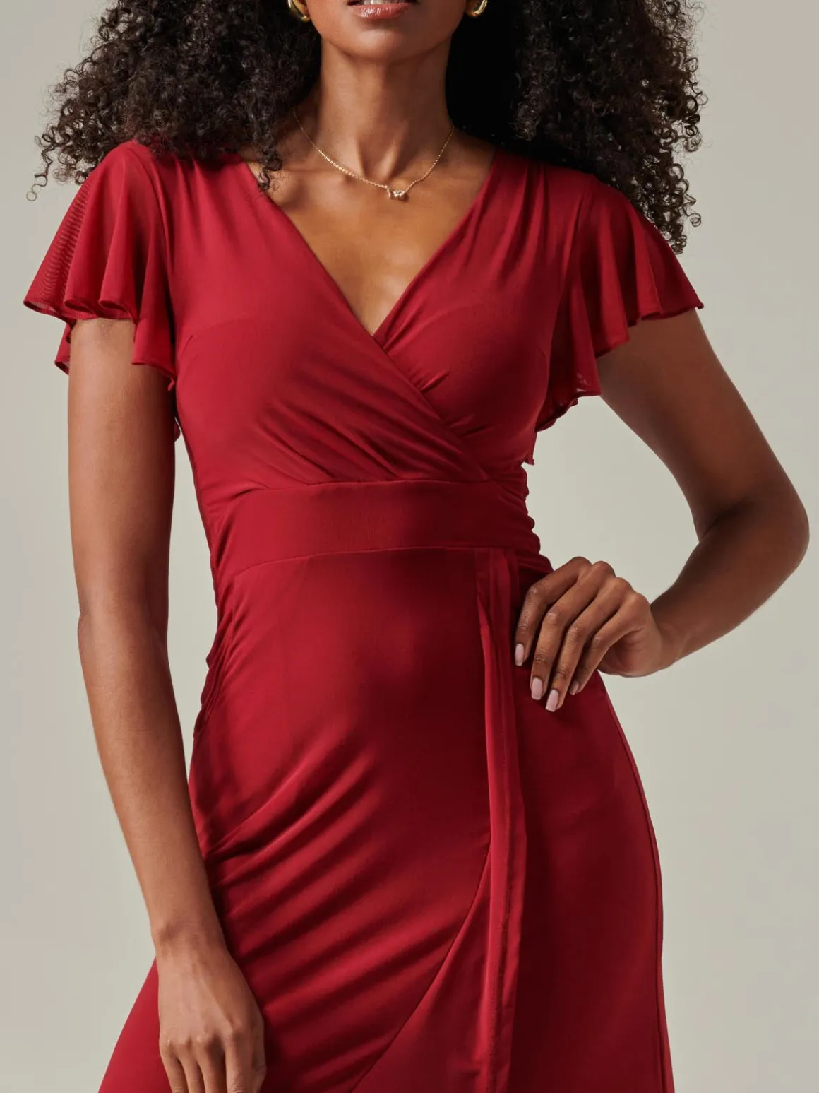 Plain Wrap Mesh Maxi Dress, Burgundy