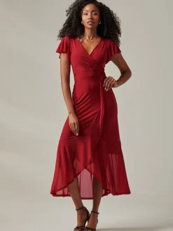 Plain Wrap Mesh Maxi Dress, Burgundy