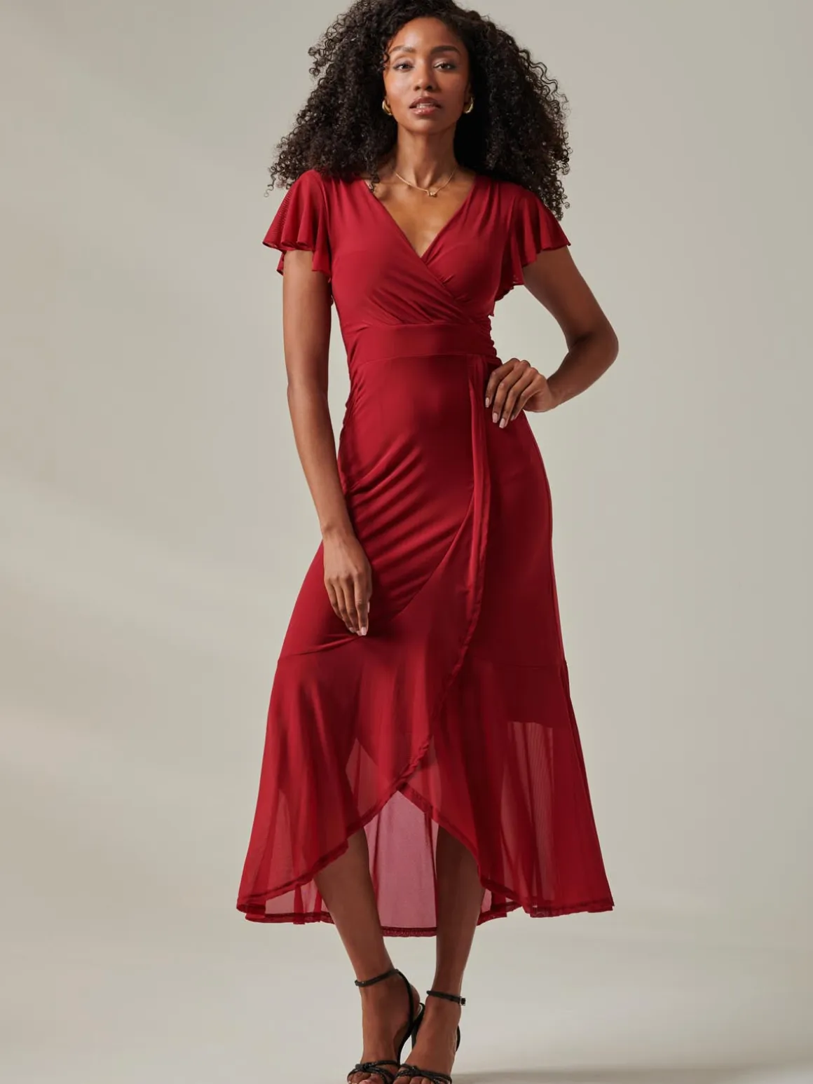 Plain Wrap Mesh Maxi Dress, Burgundy