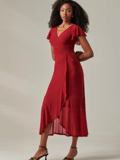 Plain Wrap Mesh Maxi Dress, Burgundy