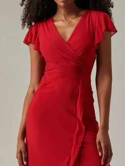 Plain Wrap Mesh Maxi Dress, Red