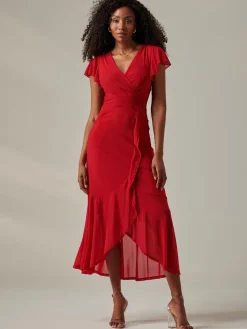 Plain Wrap Mesh Maxi Dress, Red