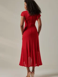 Plain Wrap Mesh Maxi Dress, Red