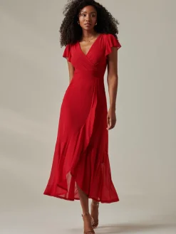 Plain Wrap Mesh Maxi Dress, Red