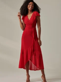 Plain Wrap Mesh Maxi Dress, Red