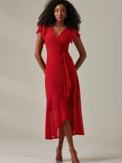 Plain Wrap Mesh Maxi Dress, Red