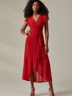 Plain Wrap Mesh Maxi Dress, Red