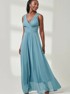 Pleated Bodice Chiffon Maxi Dress, Dusty Green