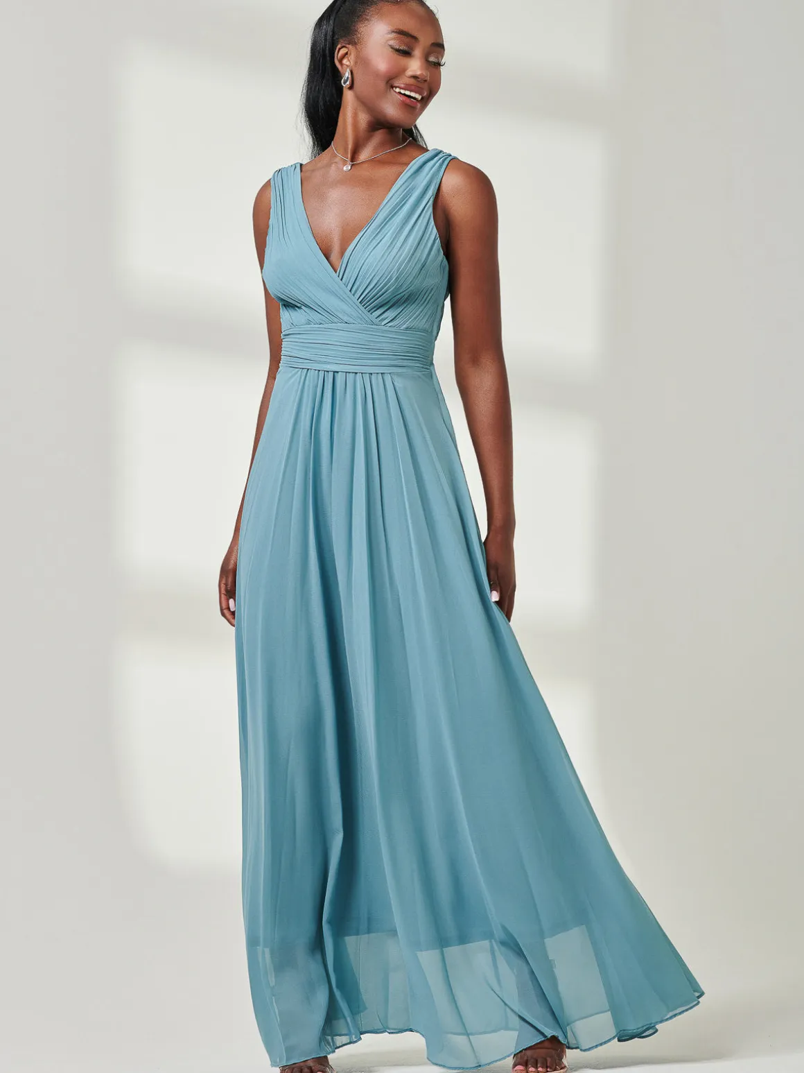 Pleated Bodice Chiffon Maxi Dress, Dusty Green