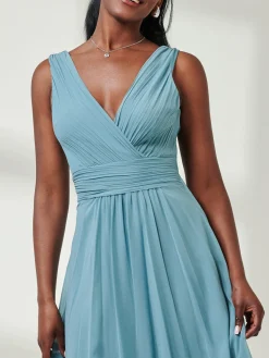 Pleated Bodice Chiffon Maxi Dress, Dusty Green