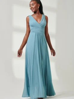 Pleated Bodice Chiffon Maxi Dress, Dusty Green