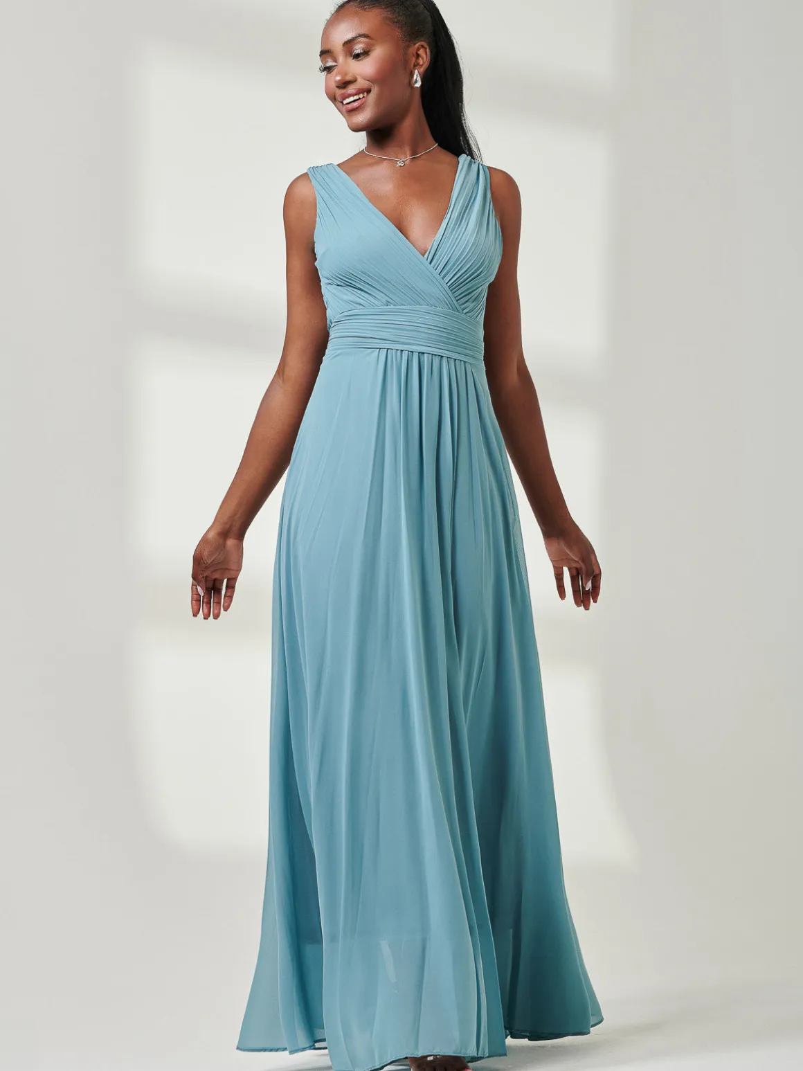 Pleated Bodice Chiffon Maxi Dress, Dusty Green