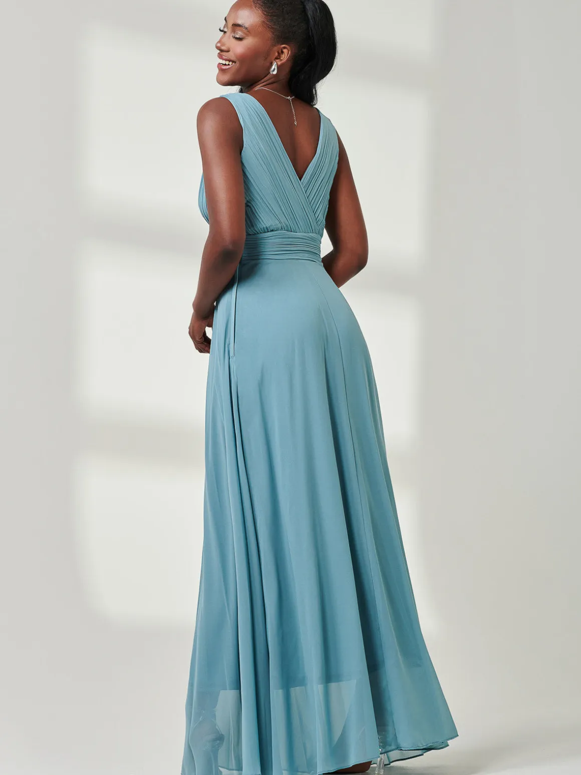 Pleated Bodice Chiffon Maxi Dress, Dusty Green