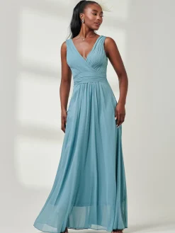 Pleated Bodice Chiffon Maxi Dress, Dusty Green