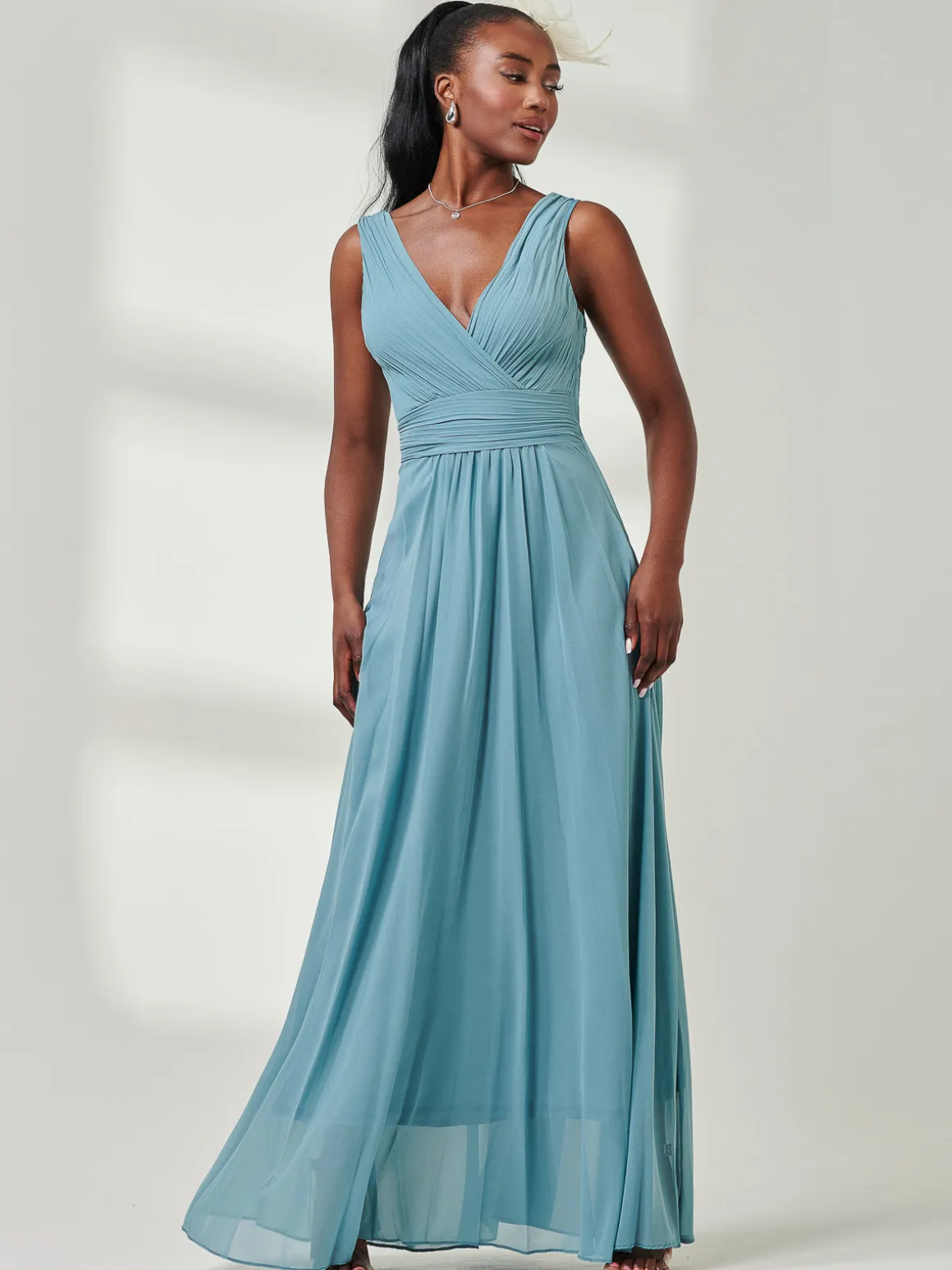 Pleated Bodice Chiffon Maxi Dress, Dusty Green