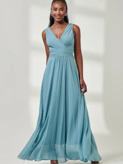 Pleated Bodice Chiffon Maxi Dress, Dusty Green