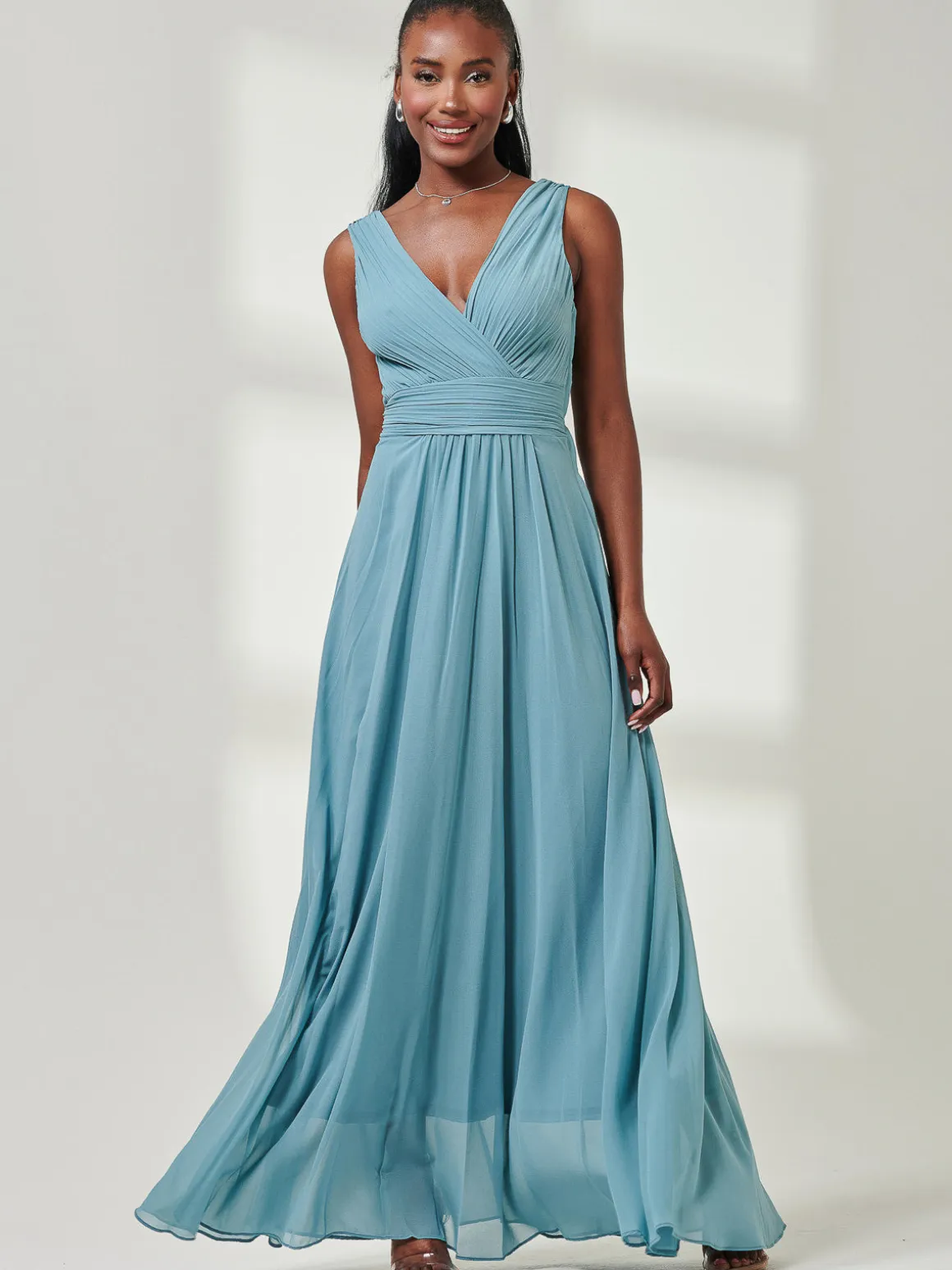 Pleated Bodice Chiffon Maxi Dress, Dusty Green