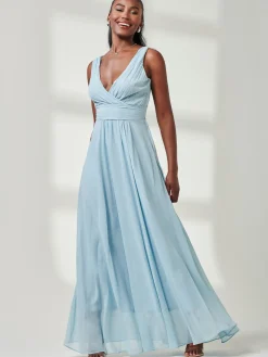 Pleated Bodice Chiffon Maxi Dress, Ice Blue