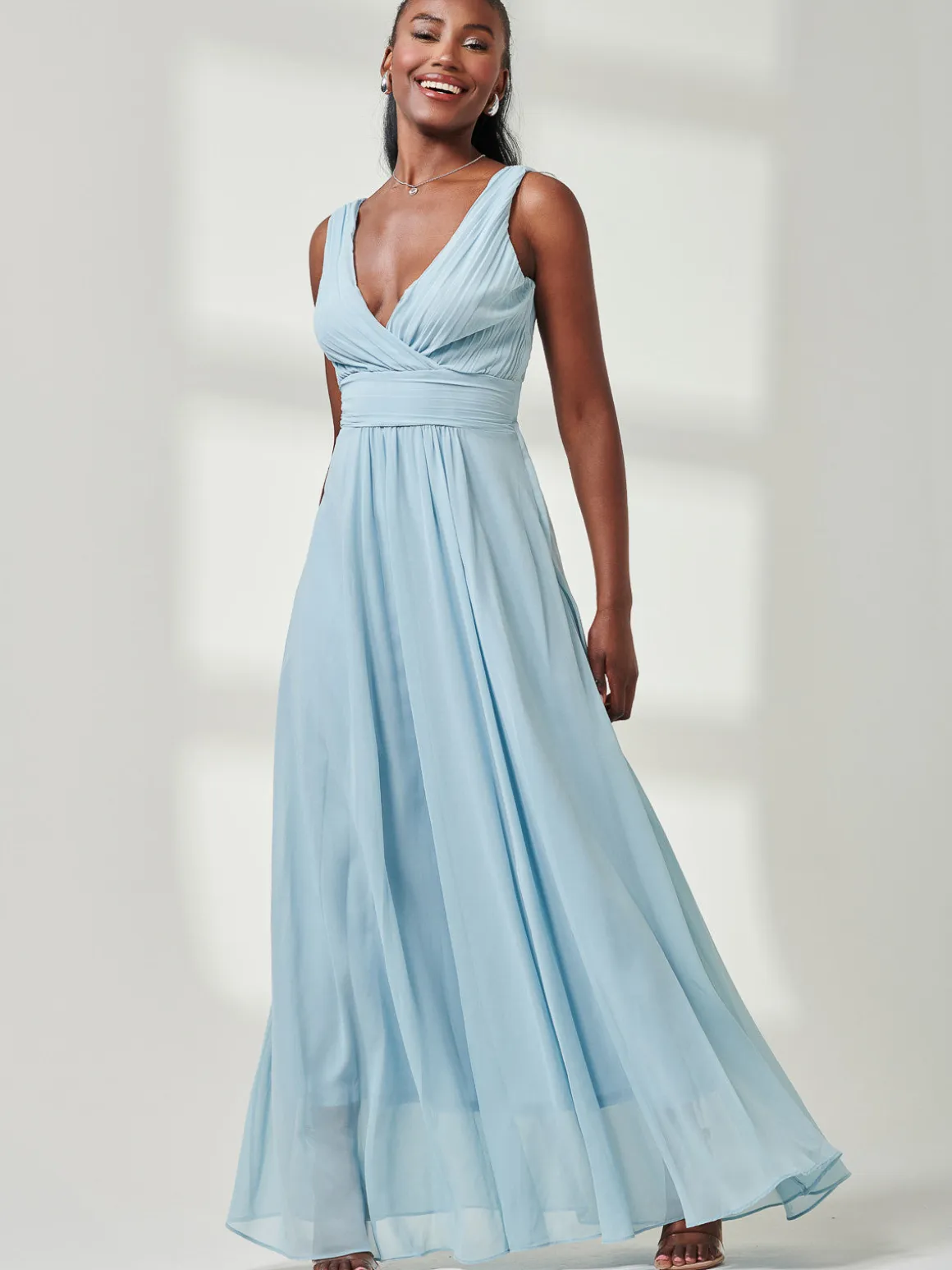 Pleated Bodice Chiffon Maxi Dress, Ice Blue