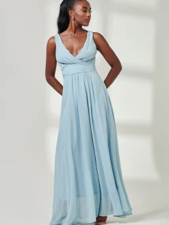 Pleated Bodice Chiffon Maxi Dress, Ice Blue