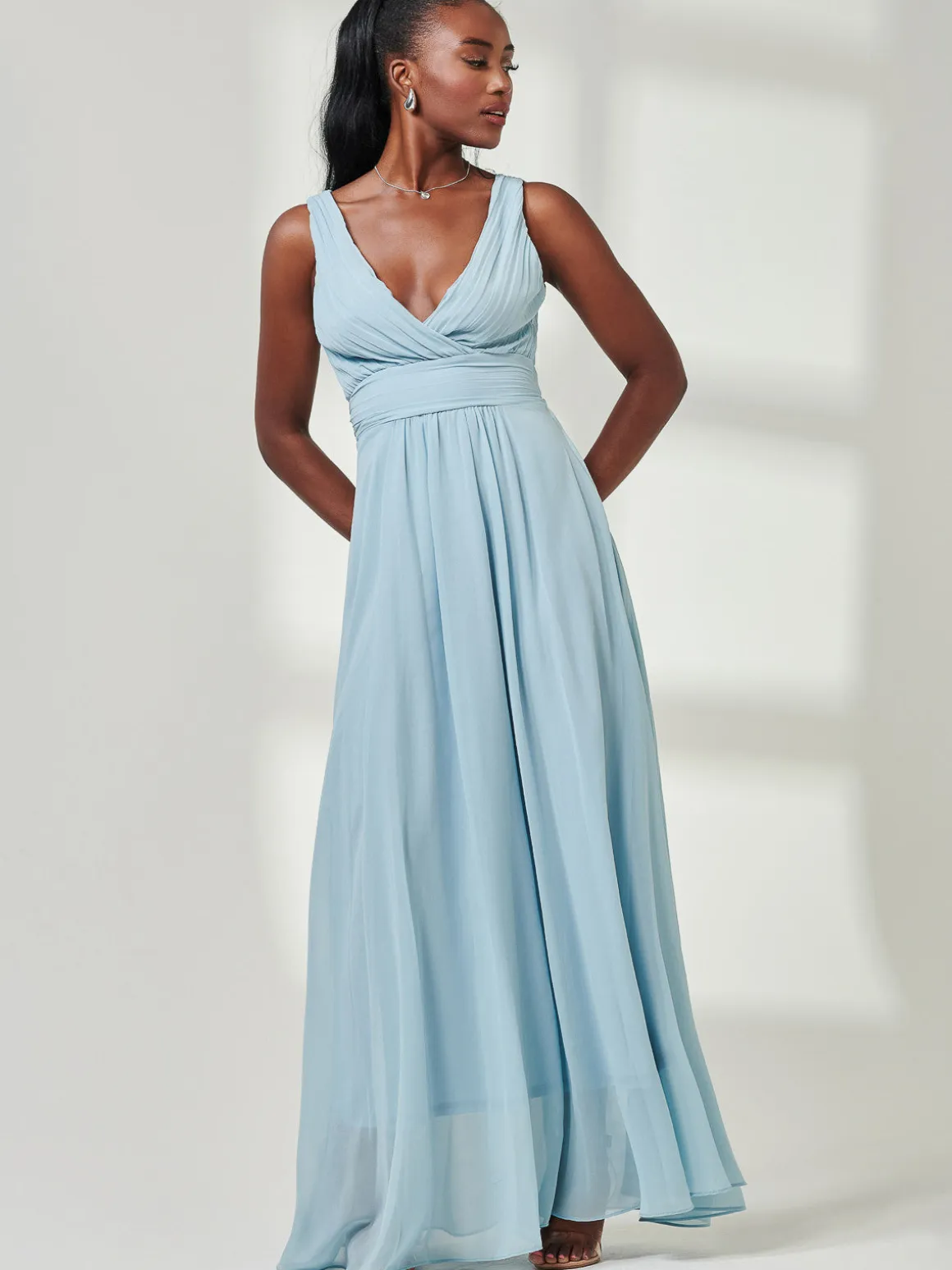Pleated Bodice Chiffon Maxi Dress, Ice Blue