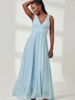 Pleated Bodice Chiffon Maxi Dress, Ice Blue