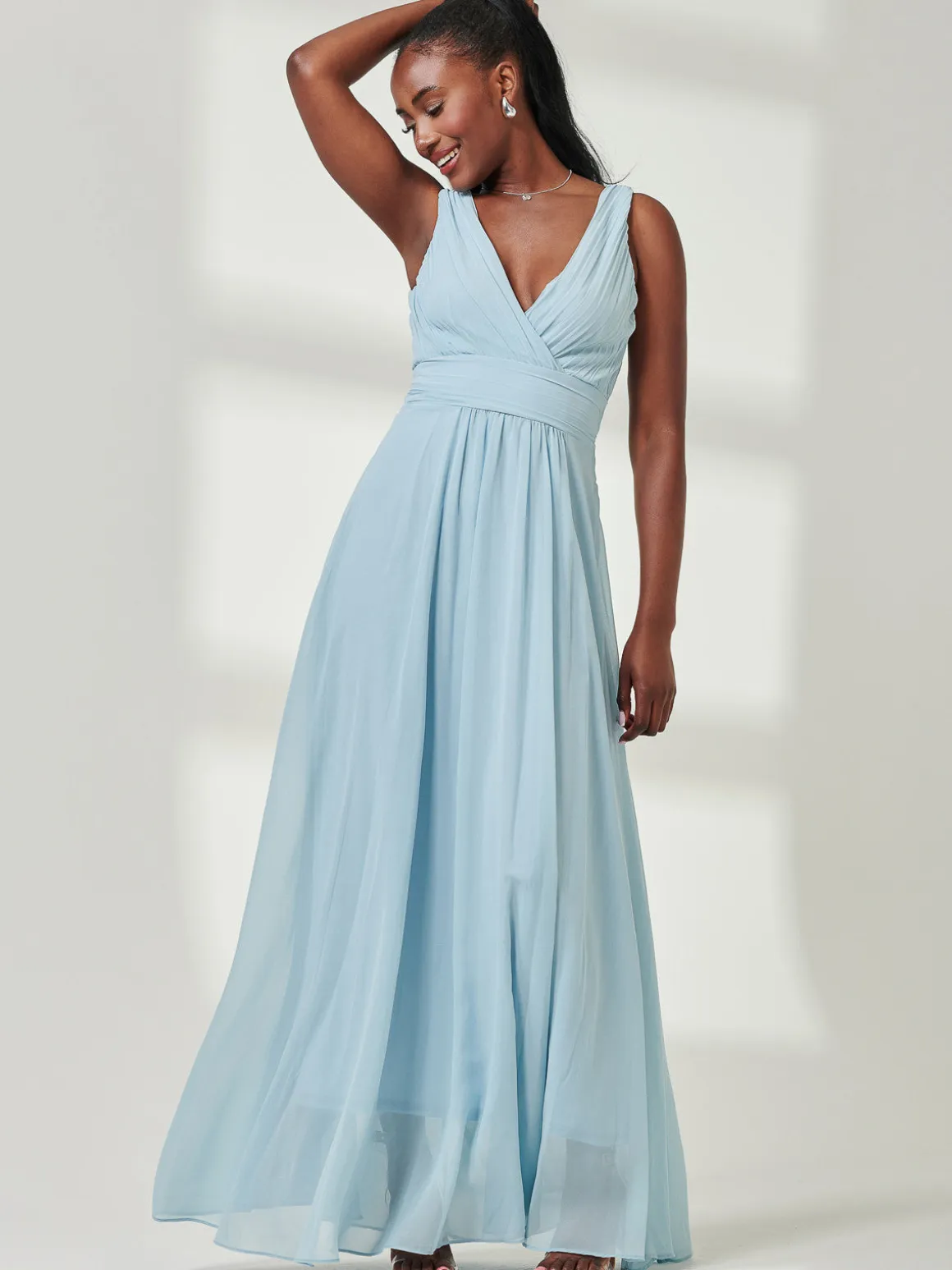 Pleated Bodice Chiffon Maxi Dress, Ice Blue