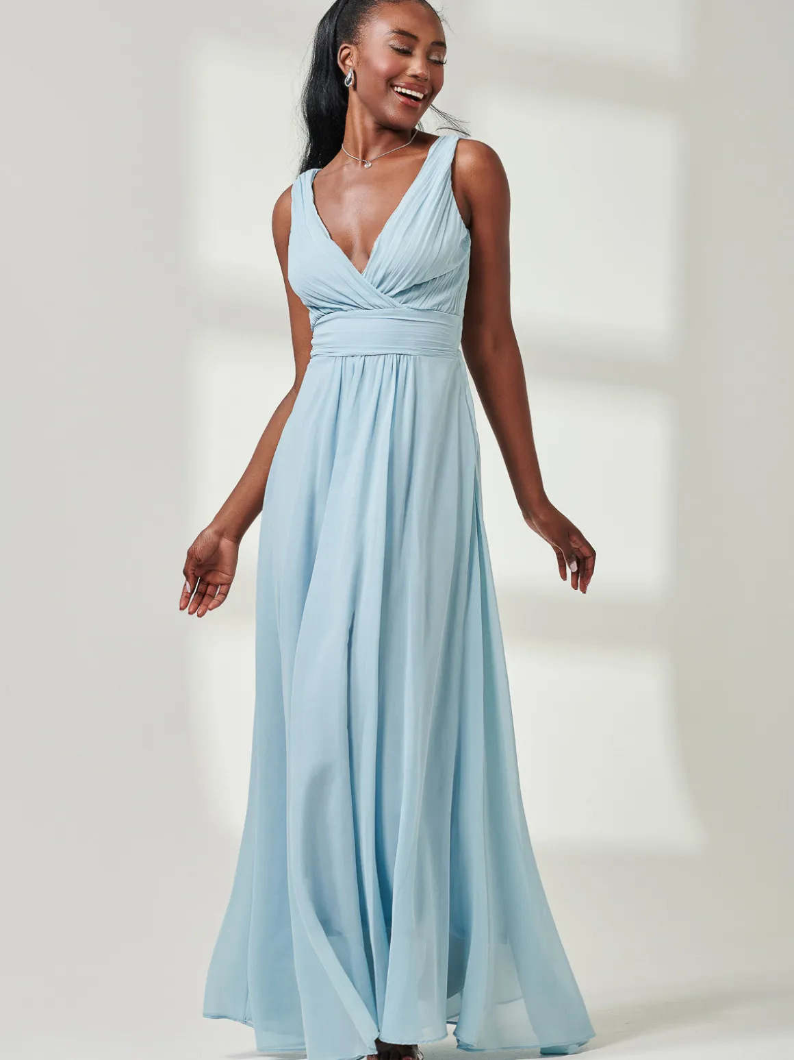 Pleated Bodice Chiffon Maxi Dress, Ice Blue