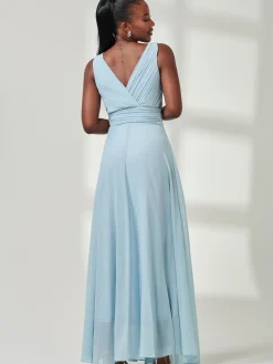 Pleated Bodice Chiffon Maxi Dress, Ice Blue