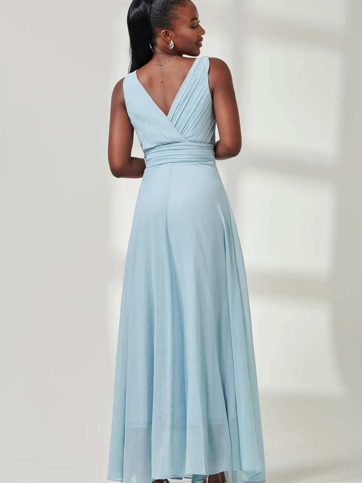 Pleated Bodice Chiffon Maxi Dress, Ice Blue