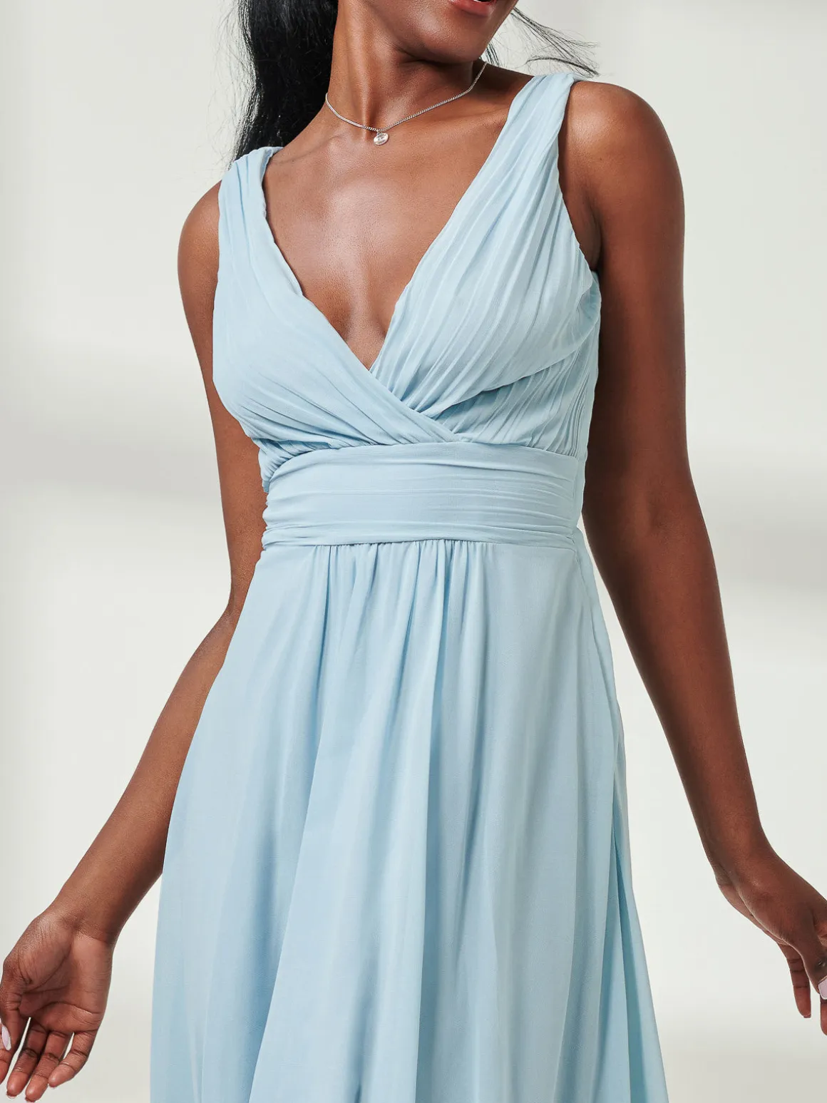 Pleated Bodice Chiffon Maxi Dress, Ice Blue