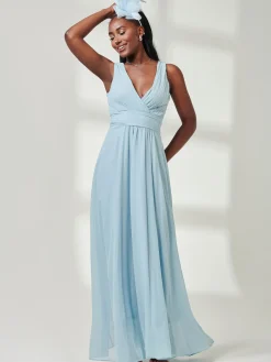 Pleated Bodice Chiffon Maxi Dress, Ice Blue