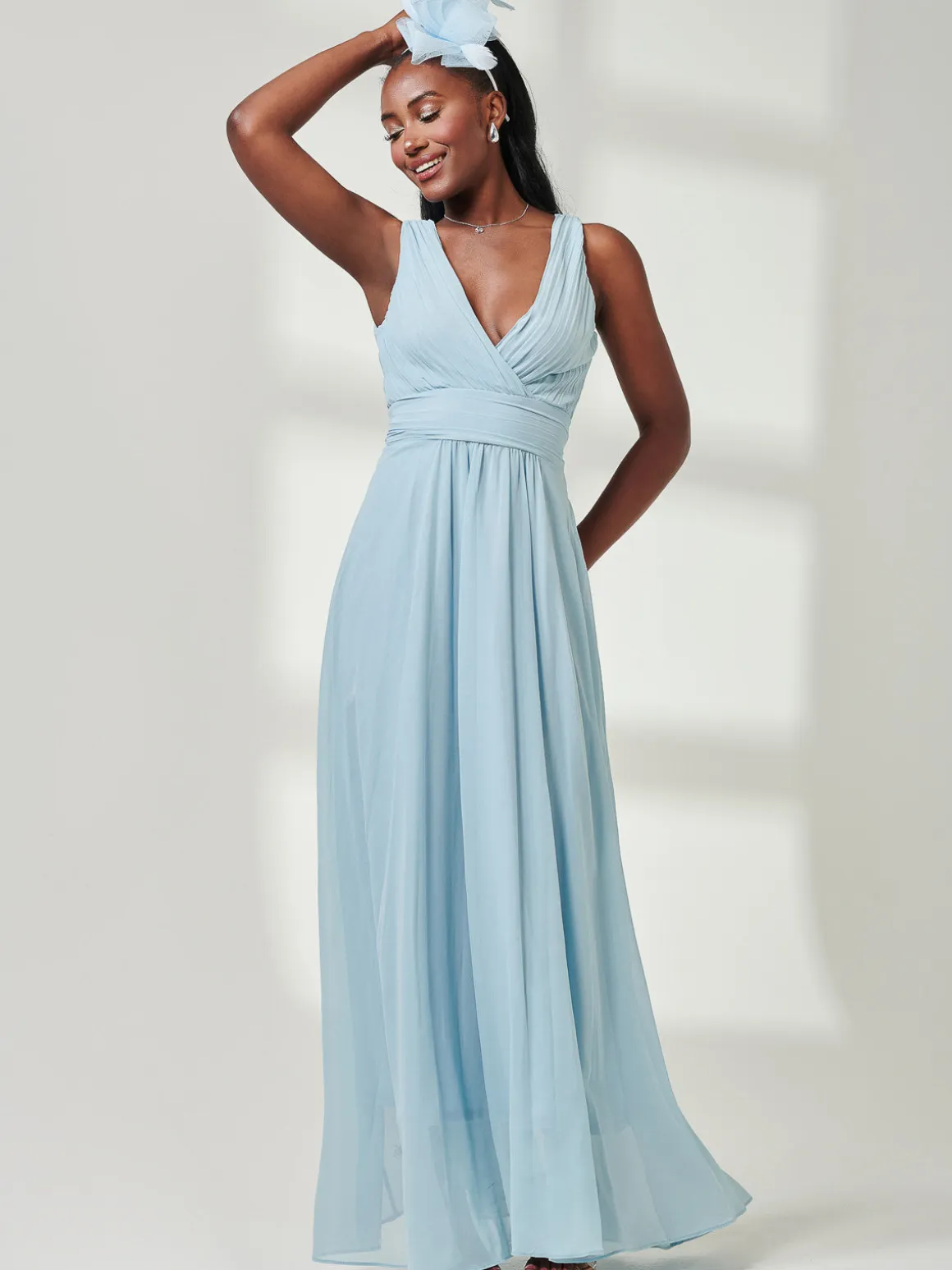 Pleated Bodice Chiffon Maxi Dress, Ice Blue