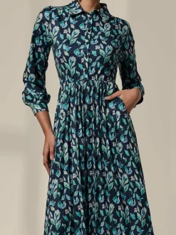Pleated Button Up Midi Dress, Navy Floral