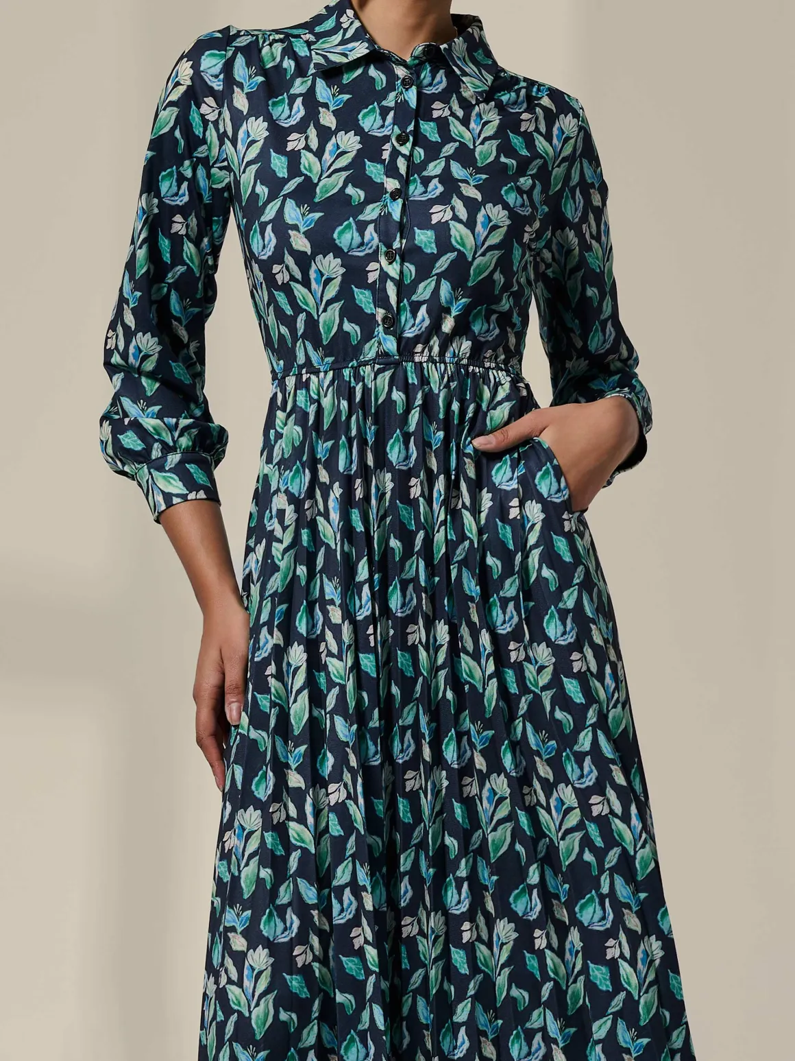 Pleated Button Up Midi Dress, Navy Floral