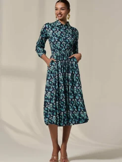 Pleated Button Up Midi Dress, Navy Floral