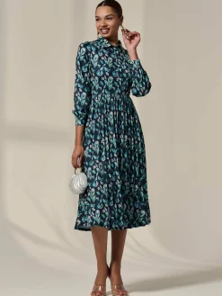 Pleated Button Up Midi Dress, Navy Floral